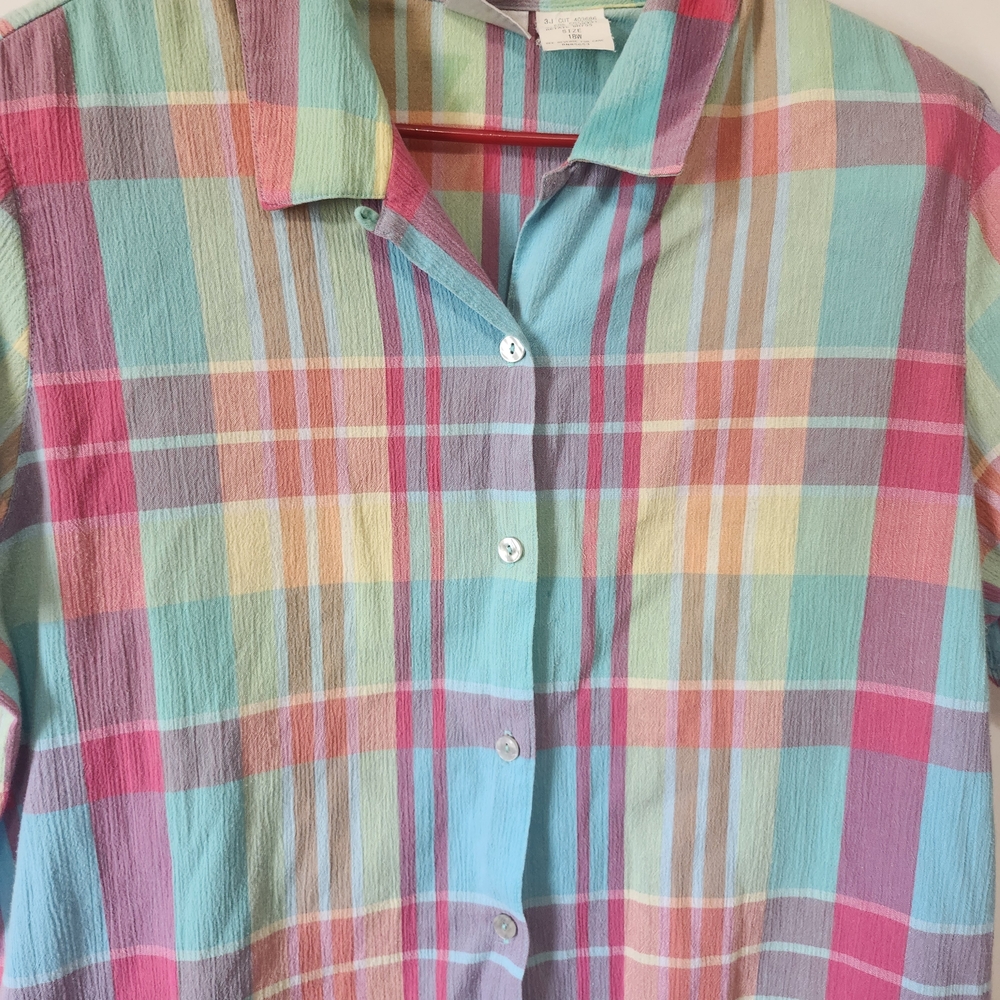 Koret Francisca Vintage Plaid Button Up Shirt 18W Pastel Shoulder Pads 80s 90s!! - Picture 3 of 9